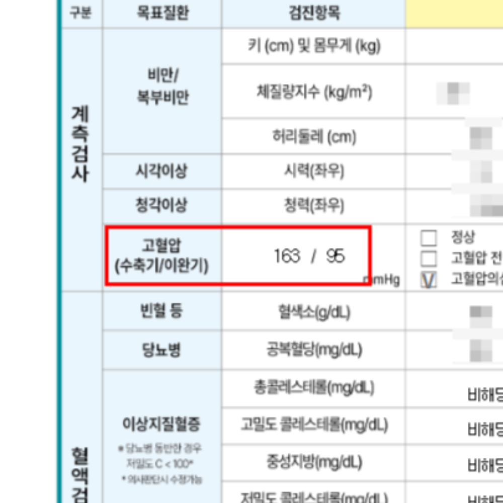 건강검진 결과표 일부를 캡쳐한 이미지