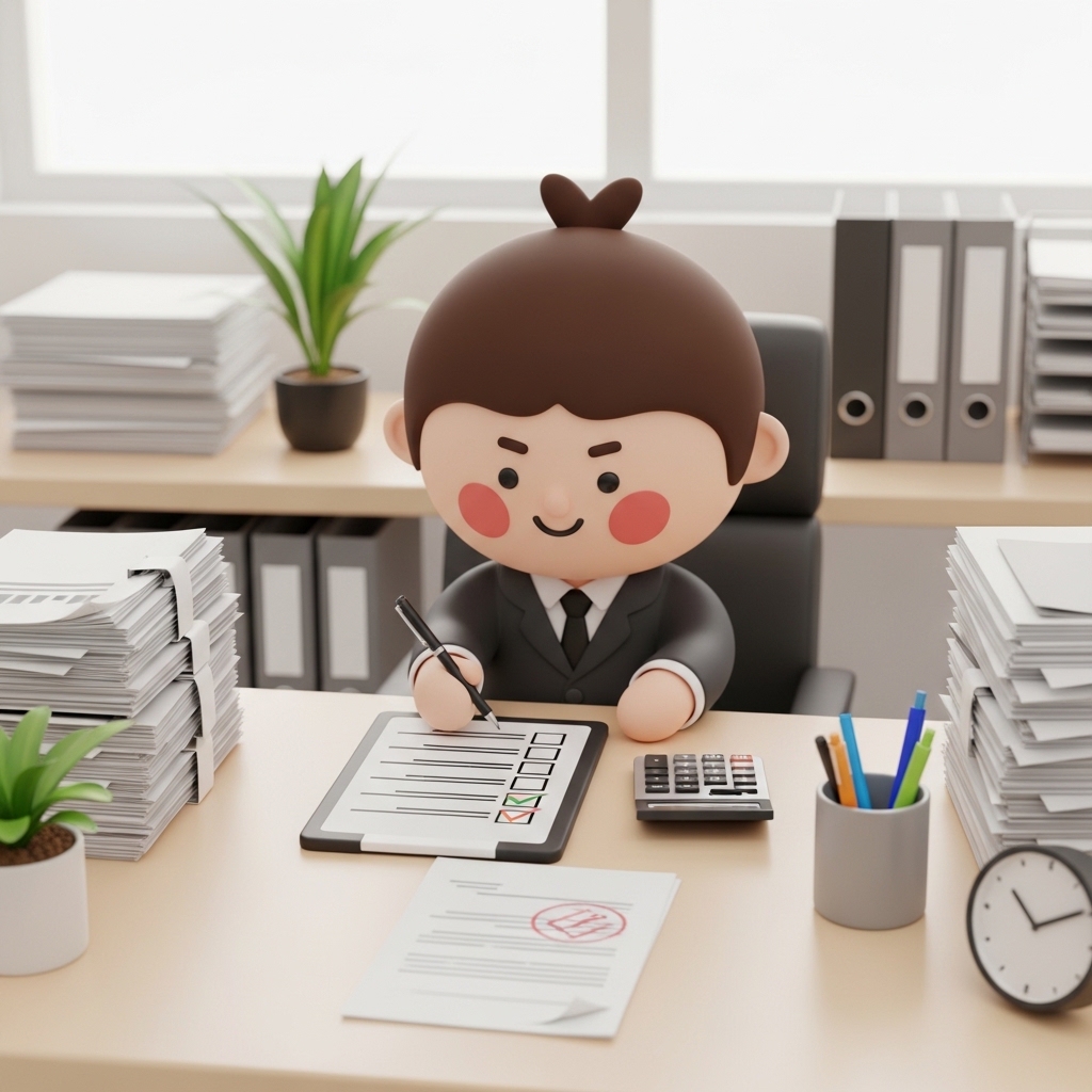 공증 서류와 계산기를 놓고 비용을 확인하는 모습