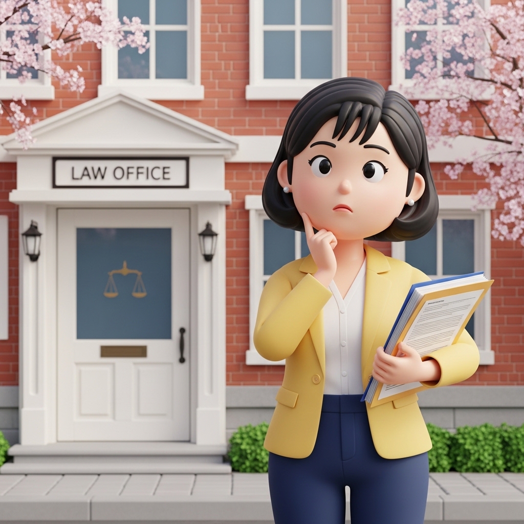 동네 법률사무소 앞에서 서류를 들고 상담을 고민하는 모습