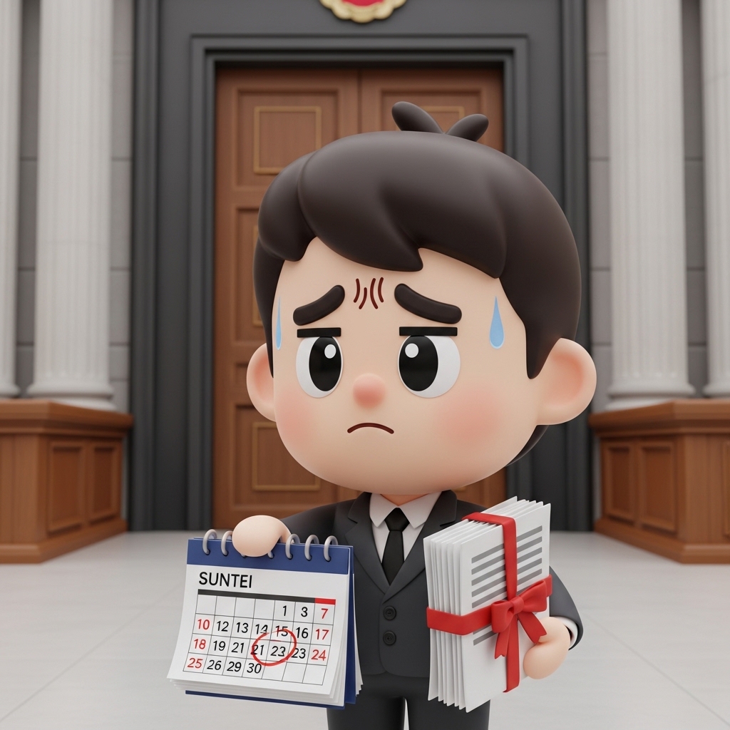 법원 앞에서 달력을 보며 재판 연기를 고민하는 모습