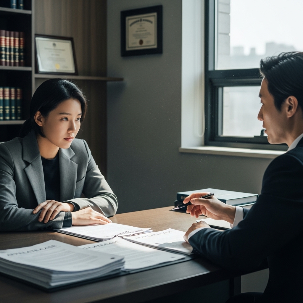 법정구속 이후 항소심을 준비하며 형사변호사와 상담하는 장면