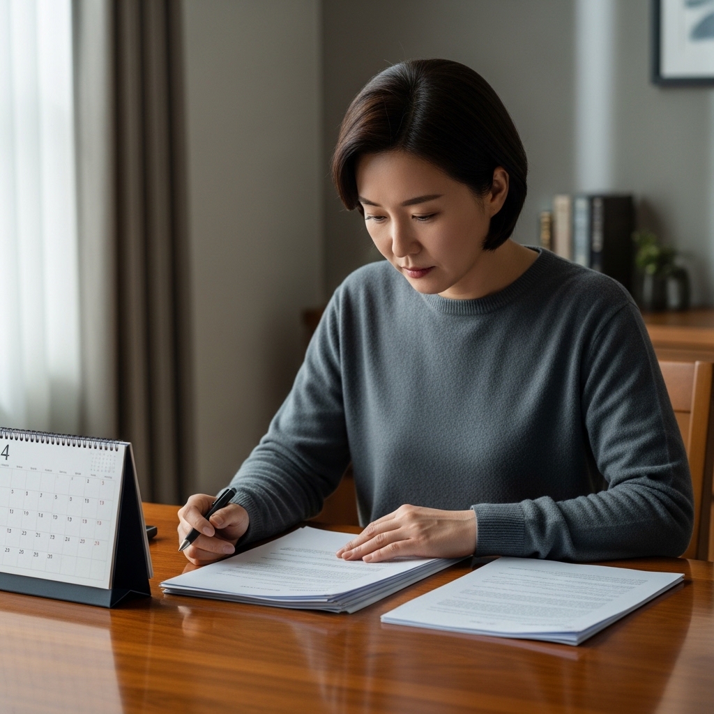 이혼 소송 기간을 고민하며 일정표와 서류를 살펴보는 모습