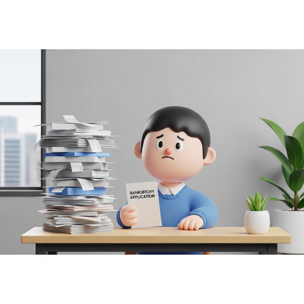 서류를 보며 개인 파산 신청을 고민하는 모습