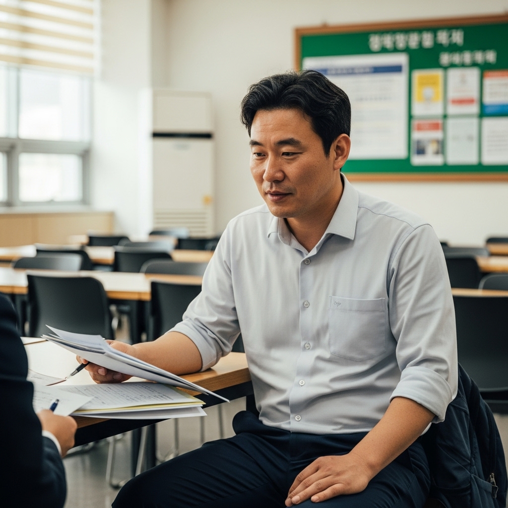 원주시 주민이 무료법률 마을변호사 상담을 위해 행정복지센터에서 서류를 준비하는 모습