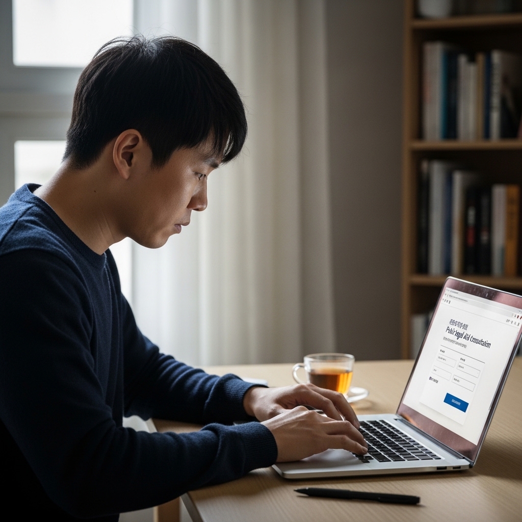 집에서 남성이 서울 법률 구조 공단 상담 예약을 위해 노트북으로 신청하는 장면