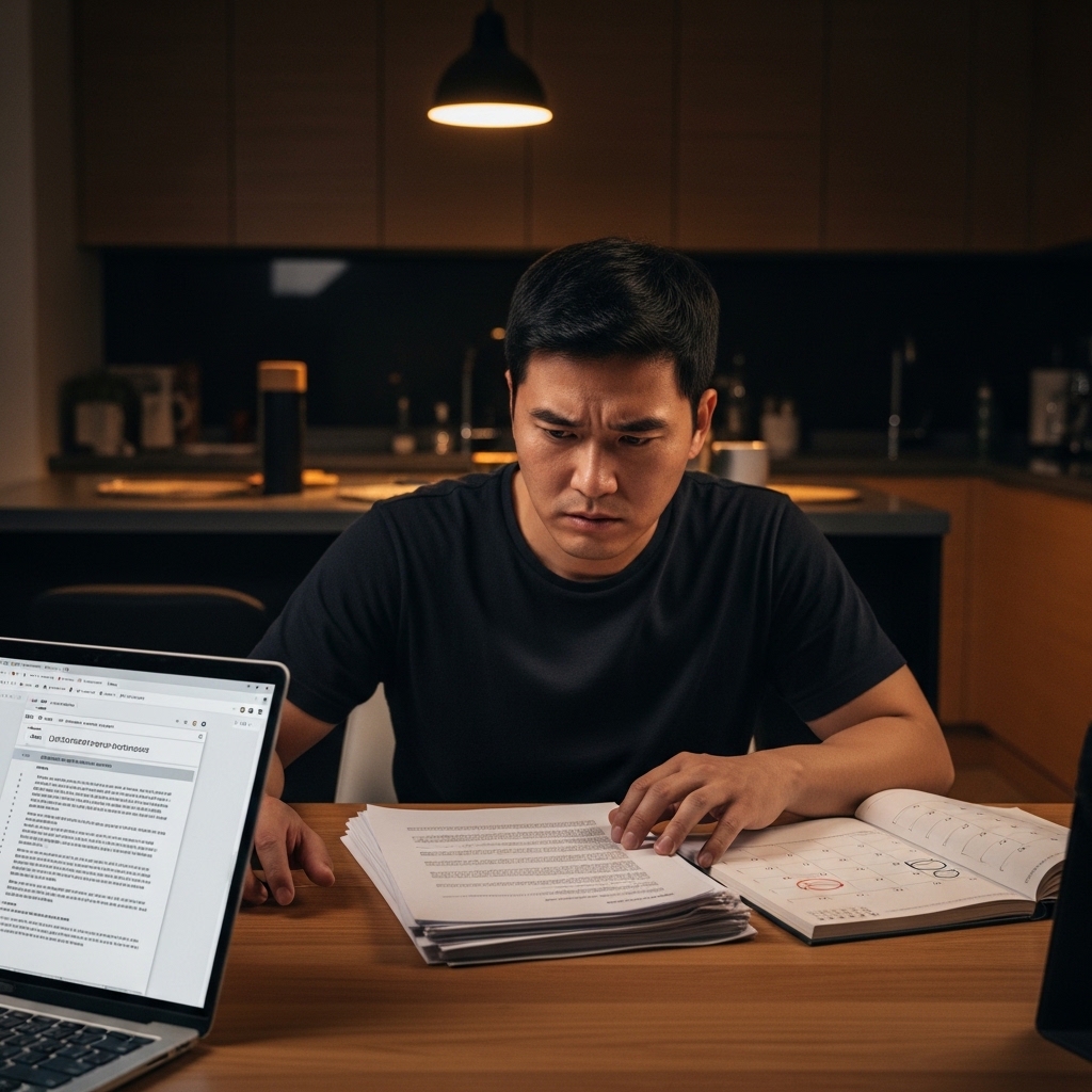 집에서 남성이 재판 연기 신청을 위해 서류와 일정표를 확인하는 장면