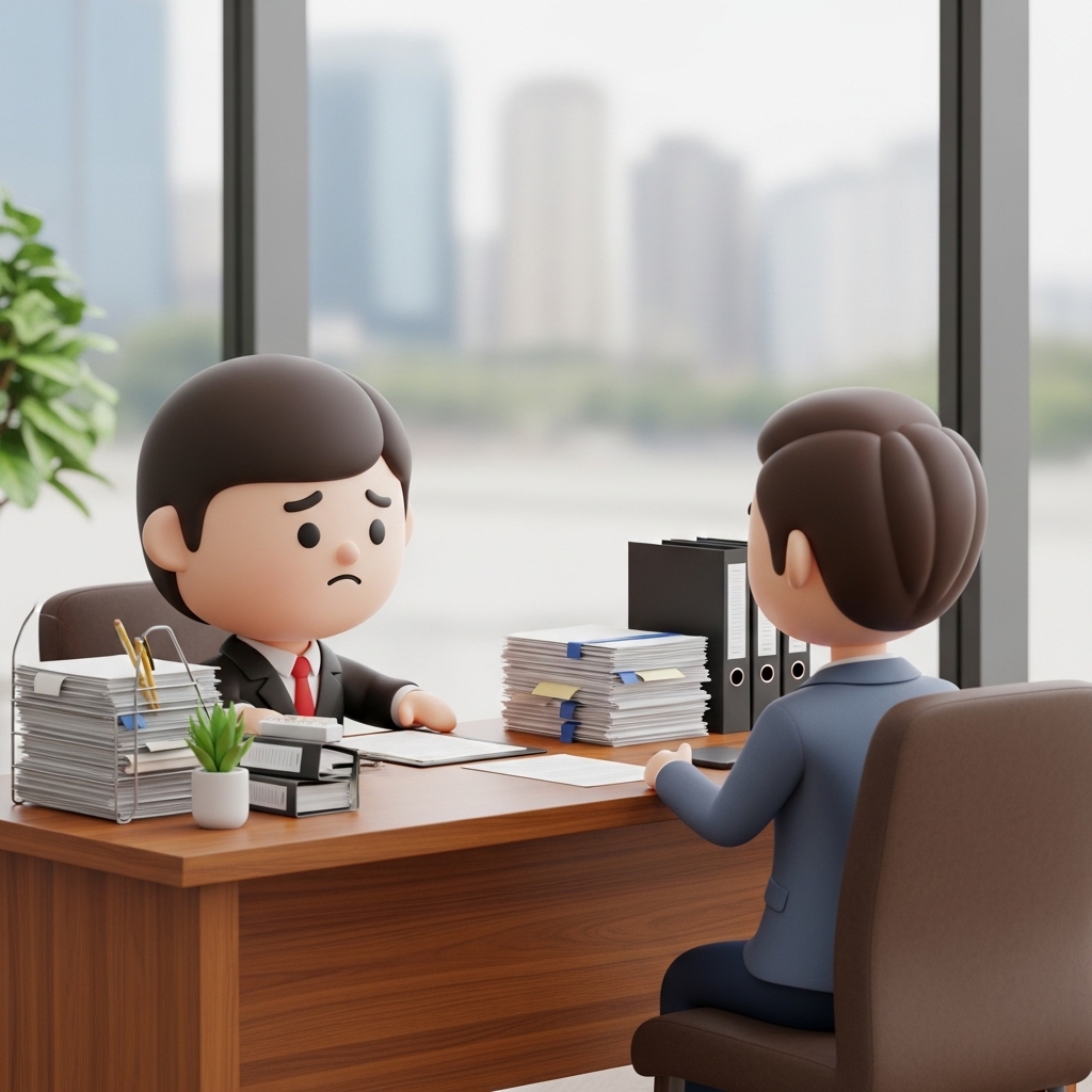 상담실에서 서류를 들고 법률 상담을 받는 모습