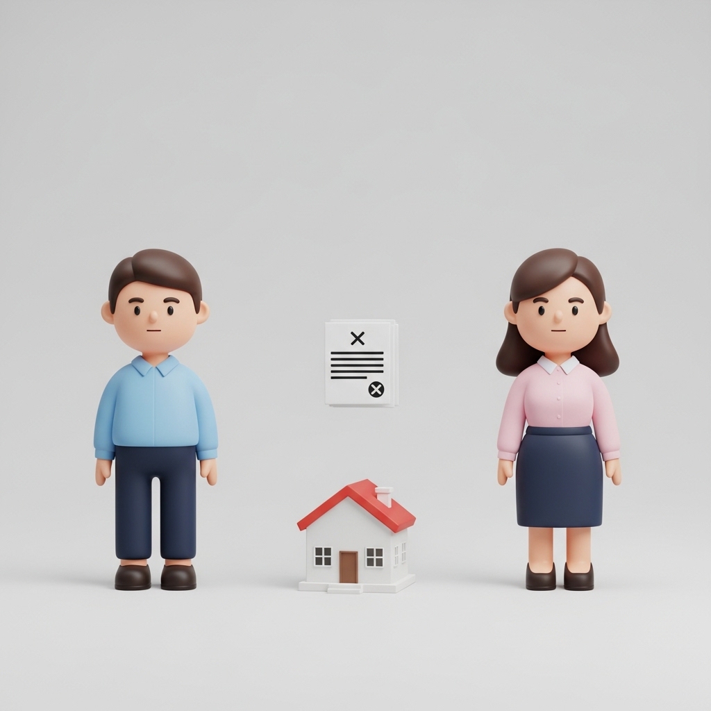 집 모형을 사이에 두고 재산분할을 고민하는 부부 모습