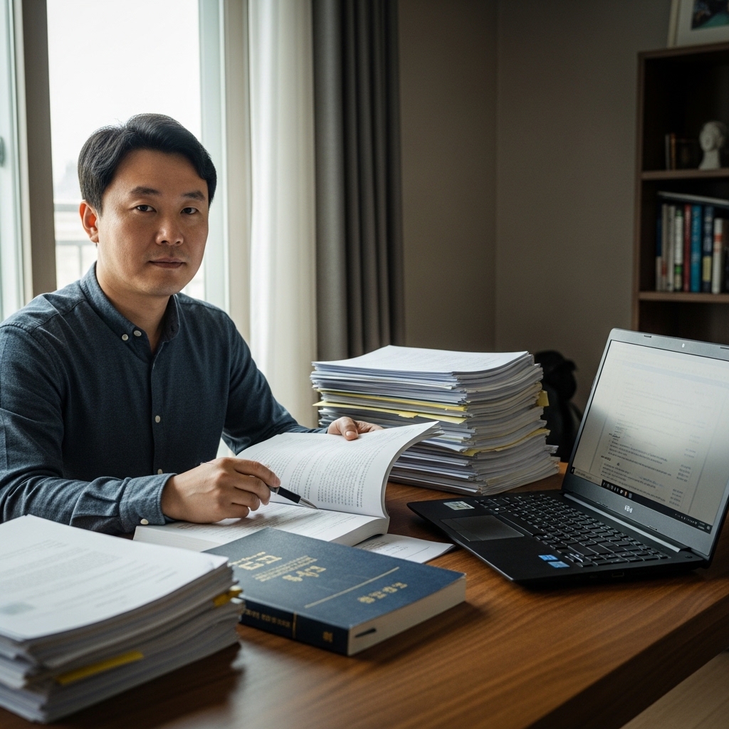 개인회생 관할 법원을 확인하기 위해 서류와 노트북을 살펴보는 모습