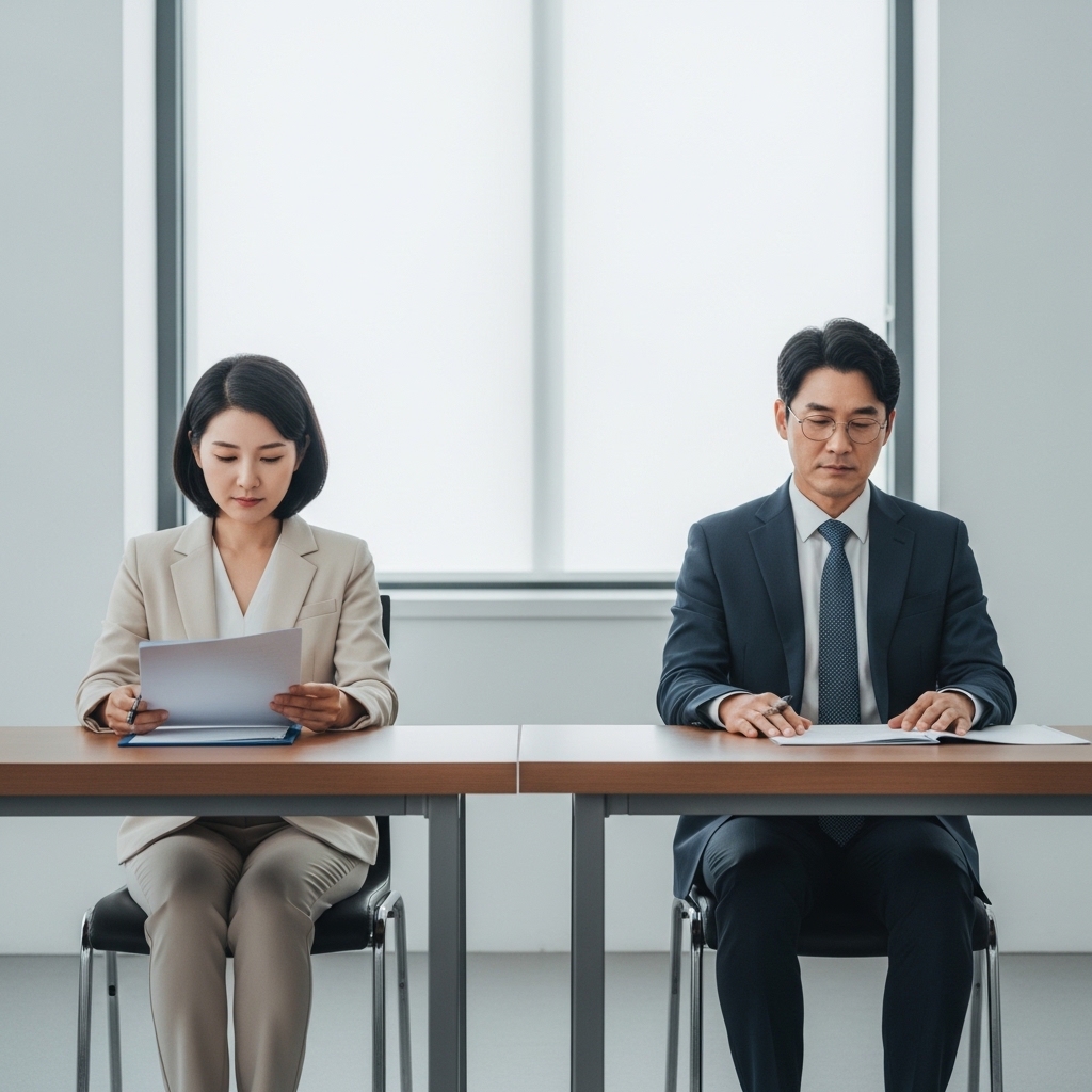 가정법원에서 이혼 조정 신청 서류를 앞에 두고 조정을 준비하는 부부의 모습