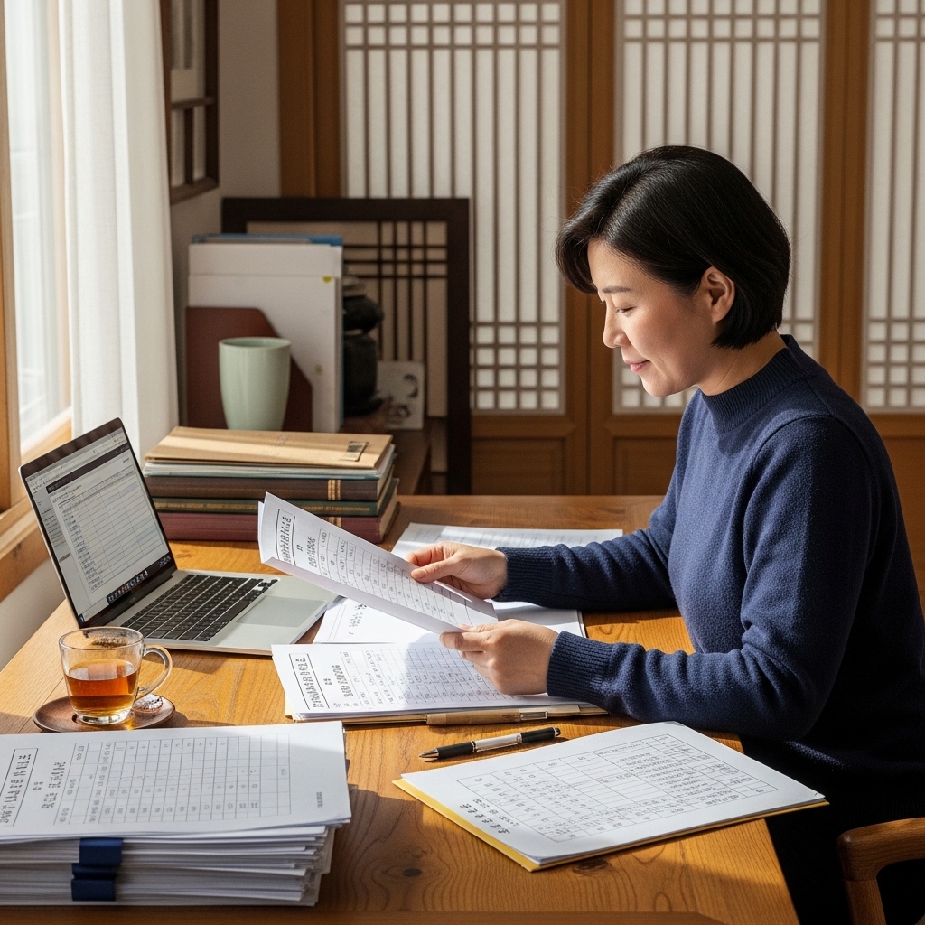 개인회생 상담을 위해 서류와 노트북을 놓고 내용을 확인하는 모습
