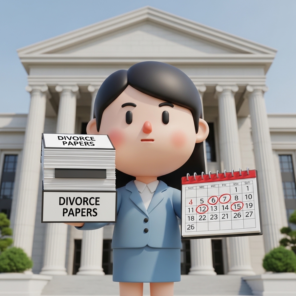 달력이 표시된 이혼 서류를 들고 법원 앞에 서 있는 모습