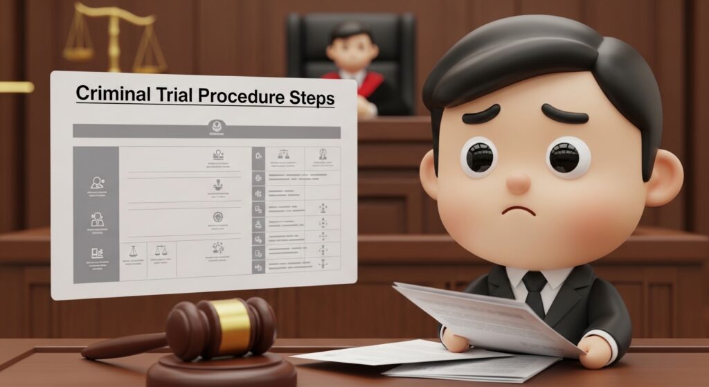 법정에서 서류를 들고 형사 재판 절차를 확인하는 모습