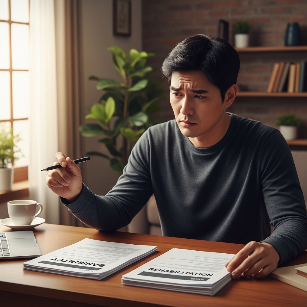 개인 파산 불이익과 개인회생을 비교하며 서류를 살펴보는 모습