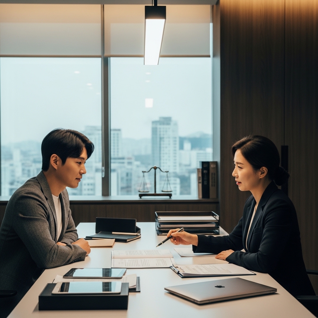 부산 변호사 상담을 위해 사무실에서 변호사와 선택 기준을 상담하는 모습