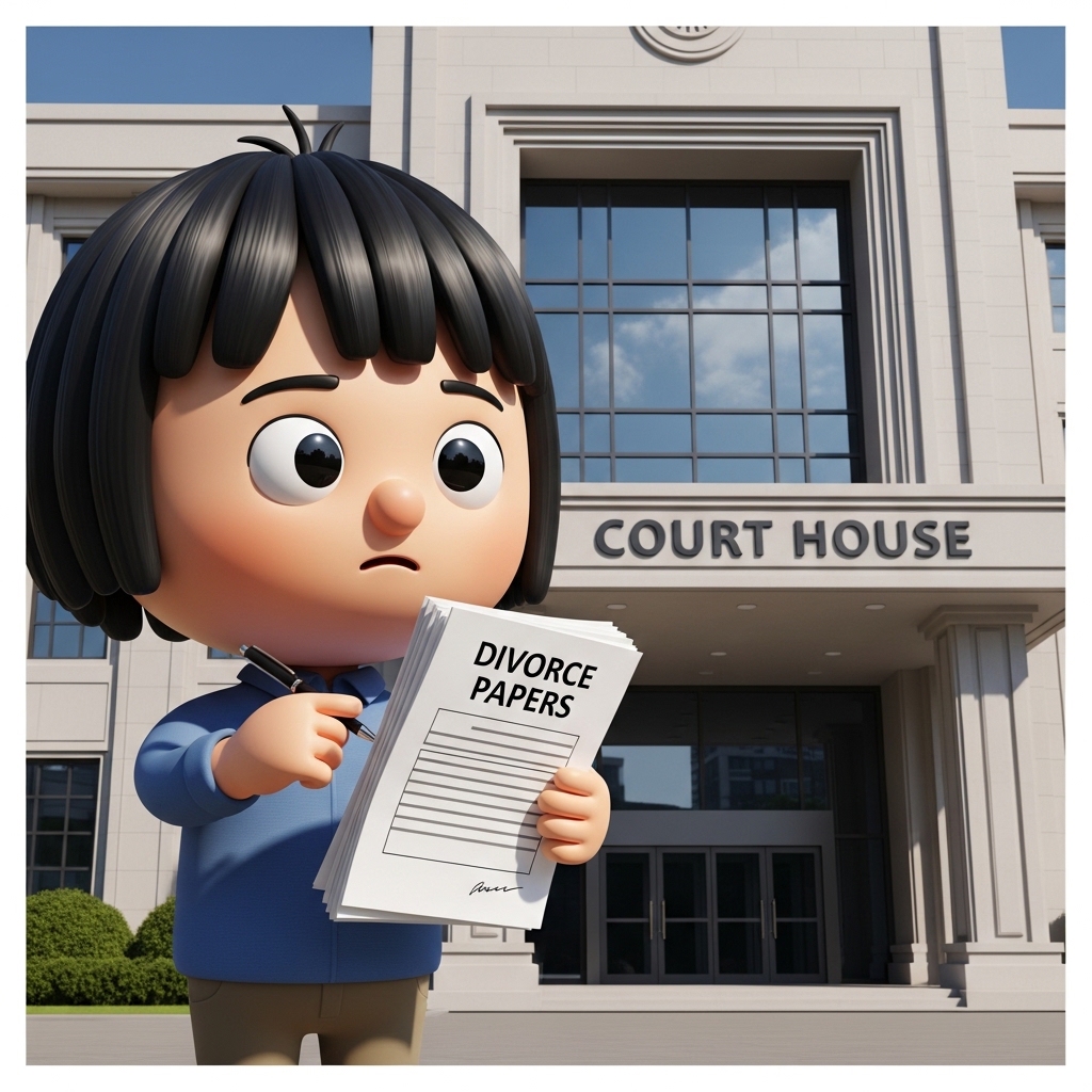 법원 앞에서 이혼 서류를 들고 확인하는 모습