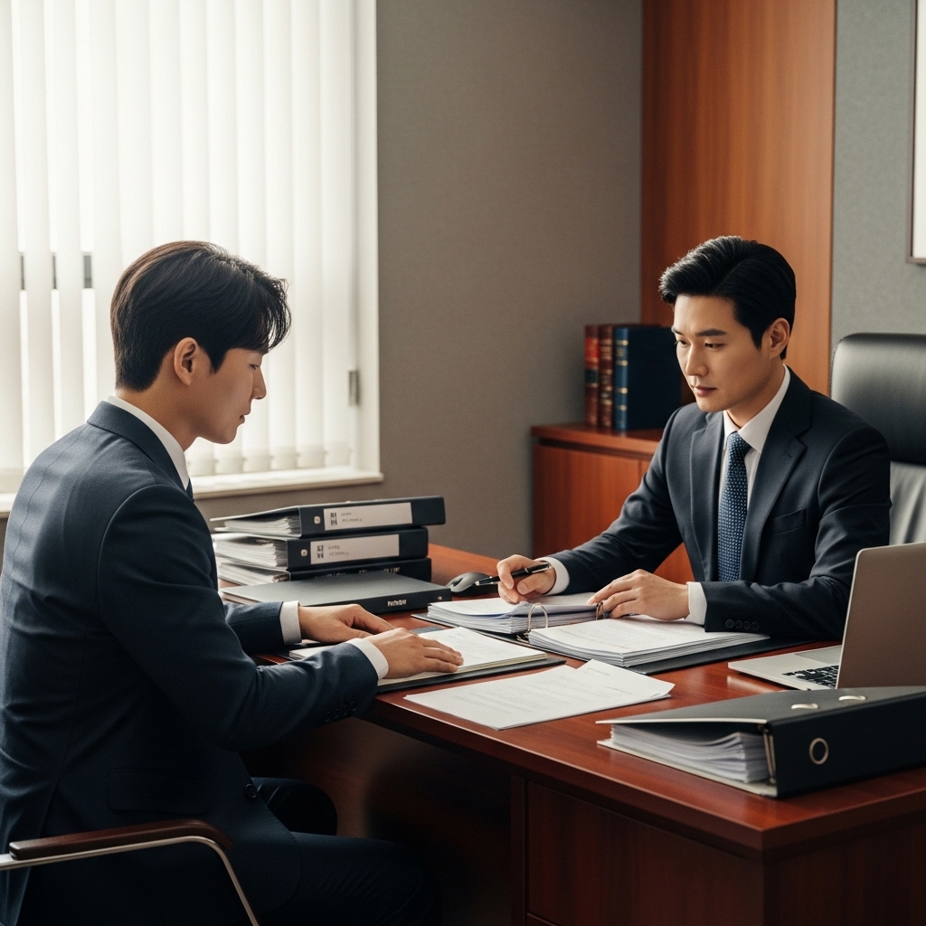 형사 전문 변호사 선임을 위해 상담하며 사건 자료를 검토하는 장면