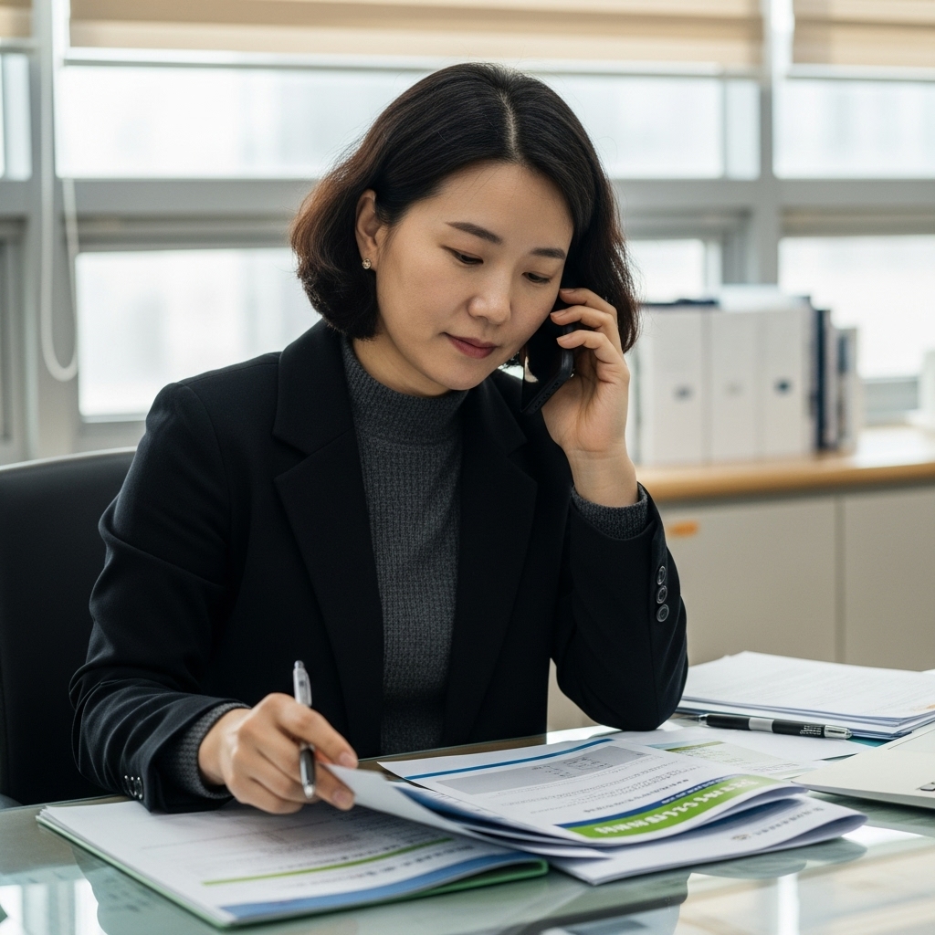 대전에서 무료 법률상담을 신청하기 위해 서류를 정리하며 전화 문의를 하는 모습