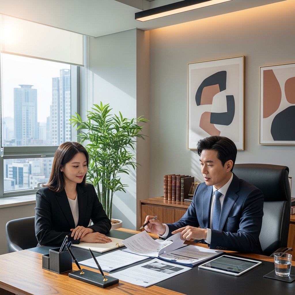 대전 변호사 사무실에서 무료 상담 여부와 선임을 고민하며 상담을 받는 모습