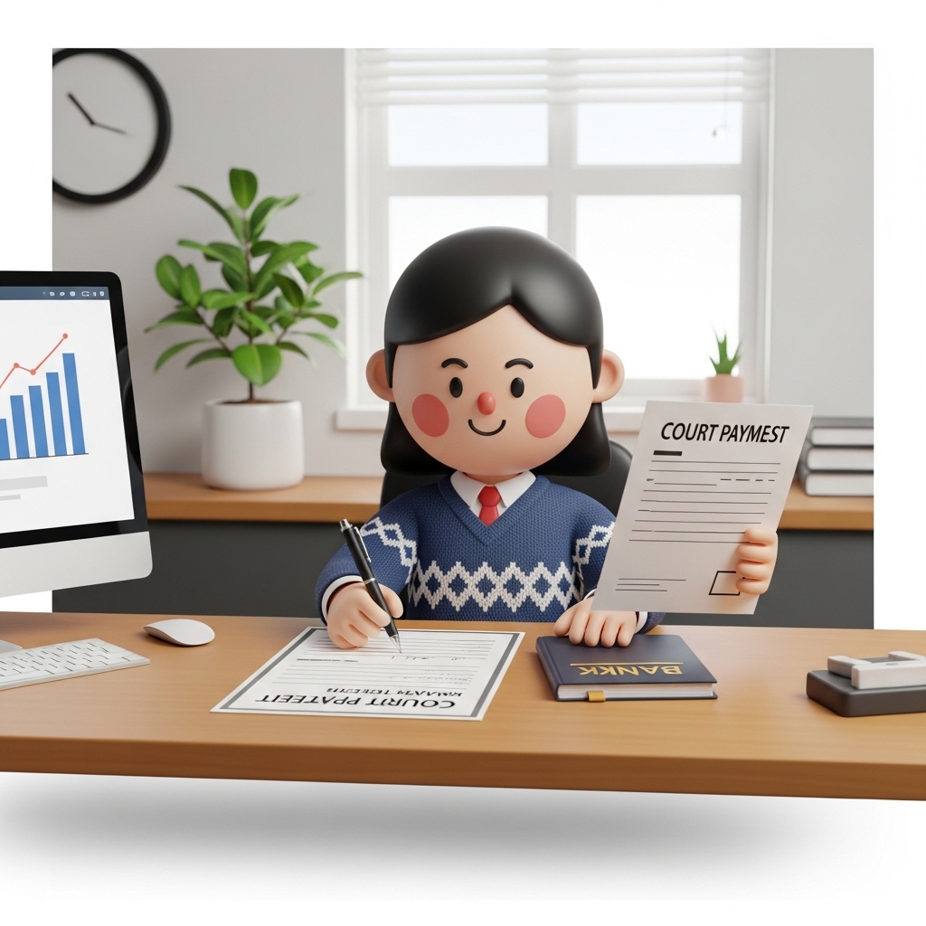 법원 결정문과 통장을 놓고 추심금지급요청서를 작성하는 모습