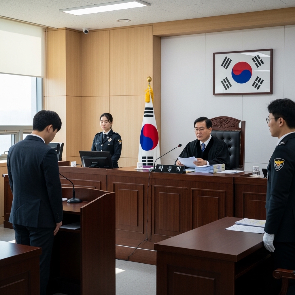 형사재판 선고일에 법정에서 실형 선고를 듣는 상황