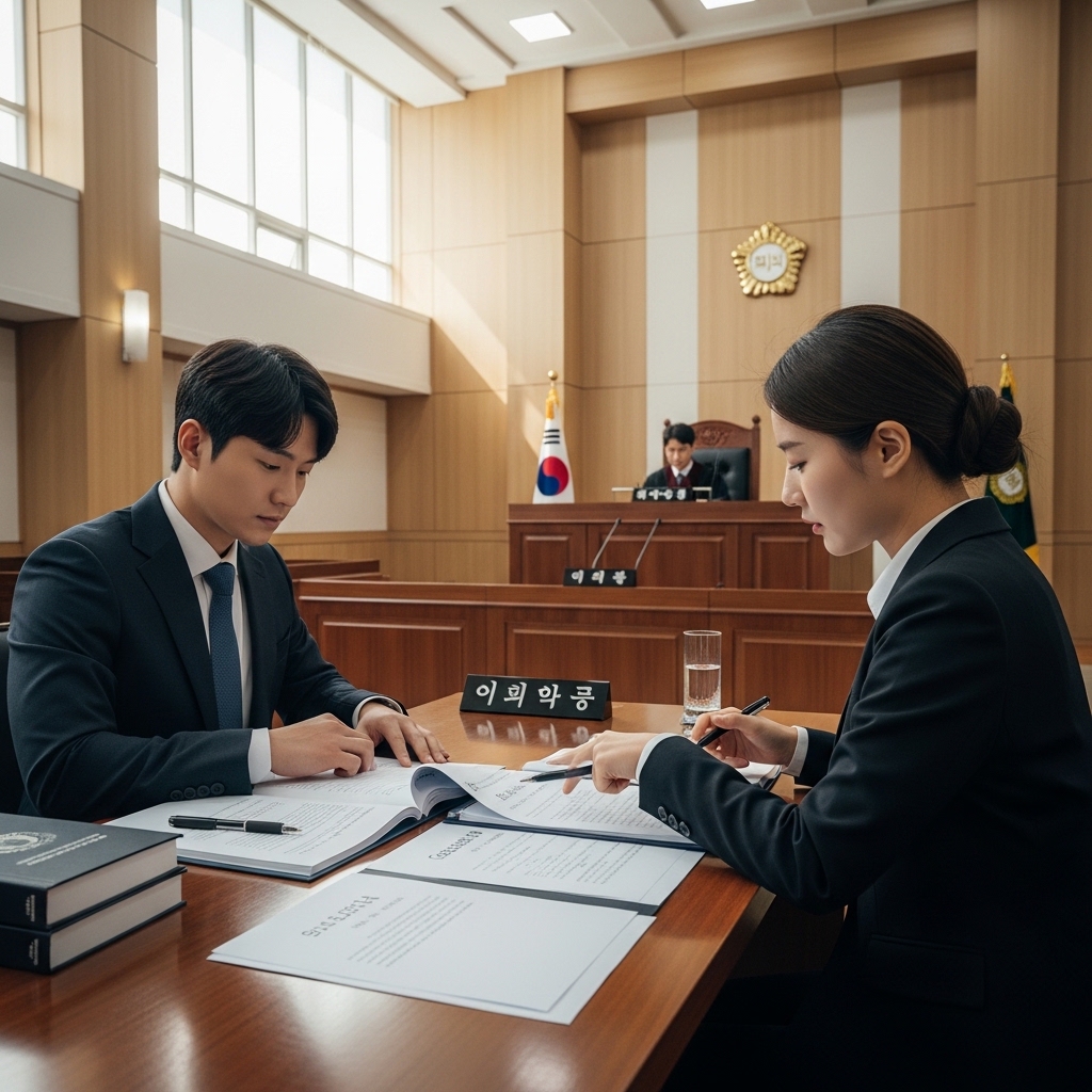 법정에서 변호사와 함께 합의 서류를 검토하며 선고기일을 고민하는 모습