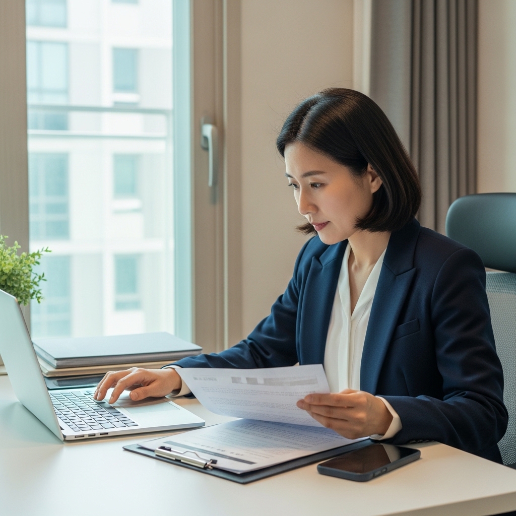 파산 상담을 위해 서류와 노트북을 놓고 차분하게 검토하는 모습