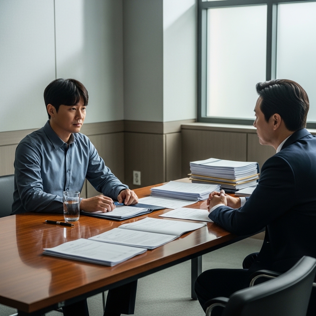 경찰 조사 전 변호사와 상담하며 선임 비용을 고민하는 장면