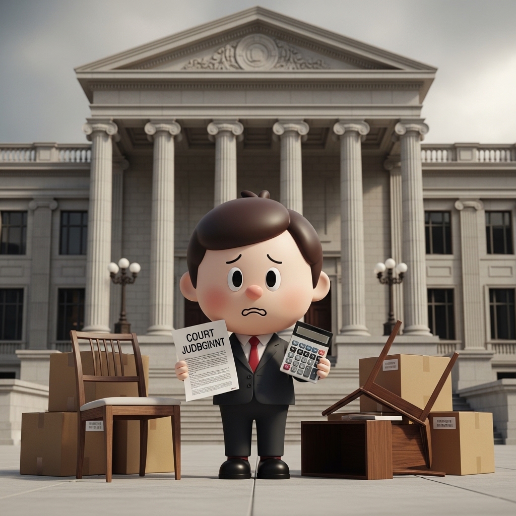 판결문을 들고 강제 집행 비용을 계산하는 장면