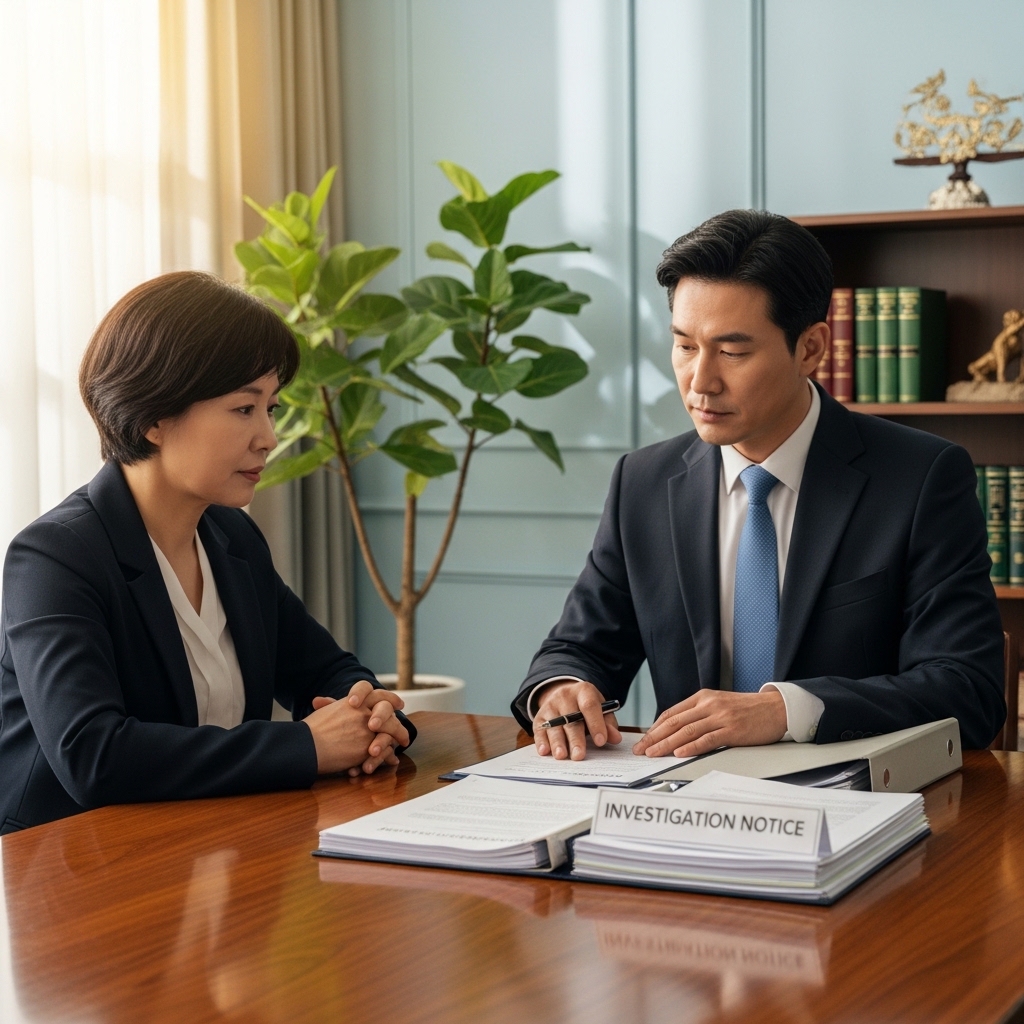 검찰 조사 통보서를 놓고 변호사와 상담하며 동행 여부를 고민하는 장면