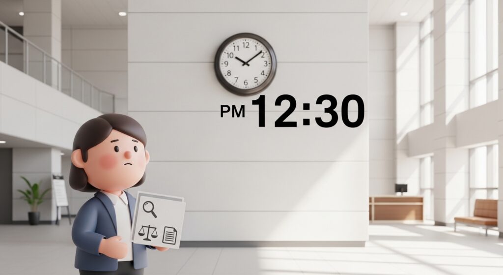 가정법원 점심시간에 서류를 들고 시계를 확인하는 모습