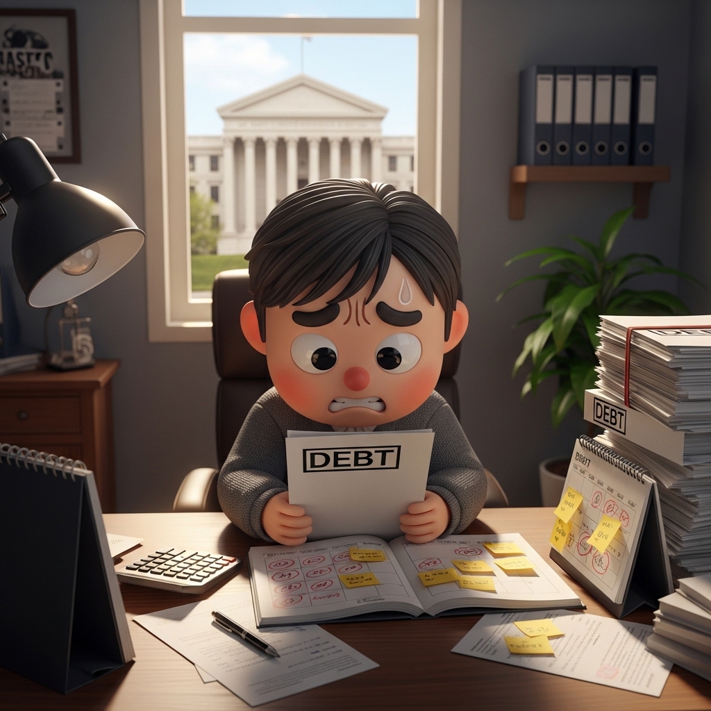 남성이 책상에서 서류와 계산기를 보며 개인회생 절차를 고민하는 장면