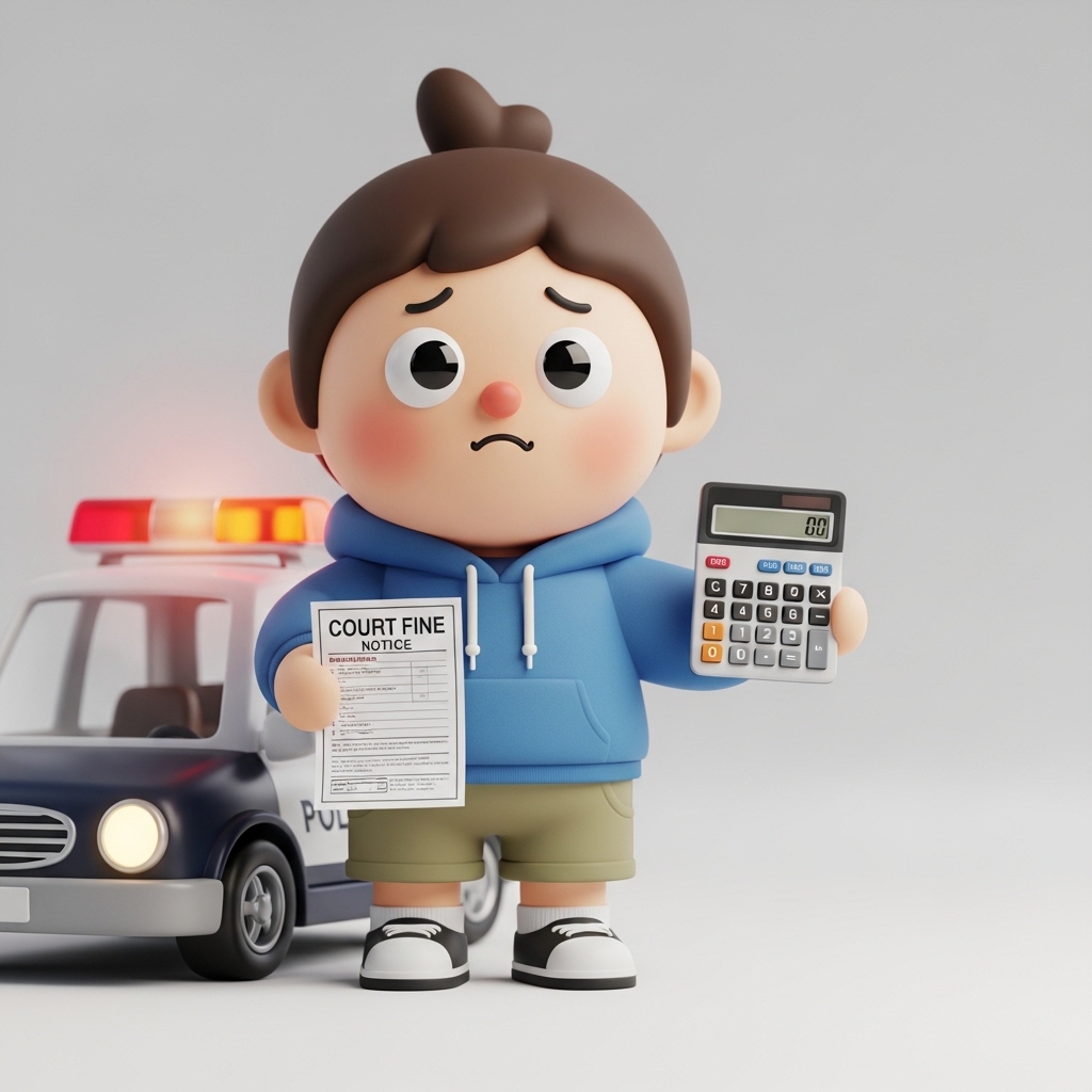 음주 벌금 고지서를 보며 계산기를 들고 고민하는 모습