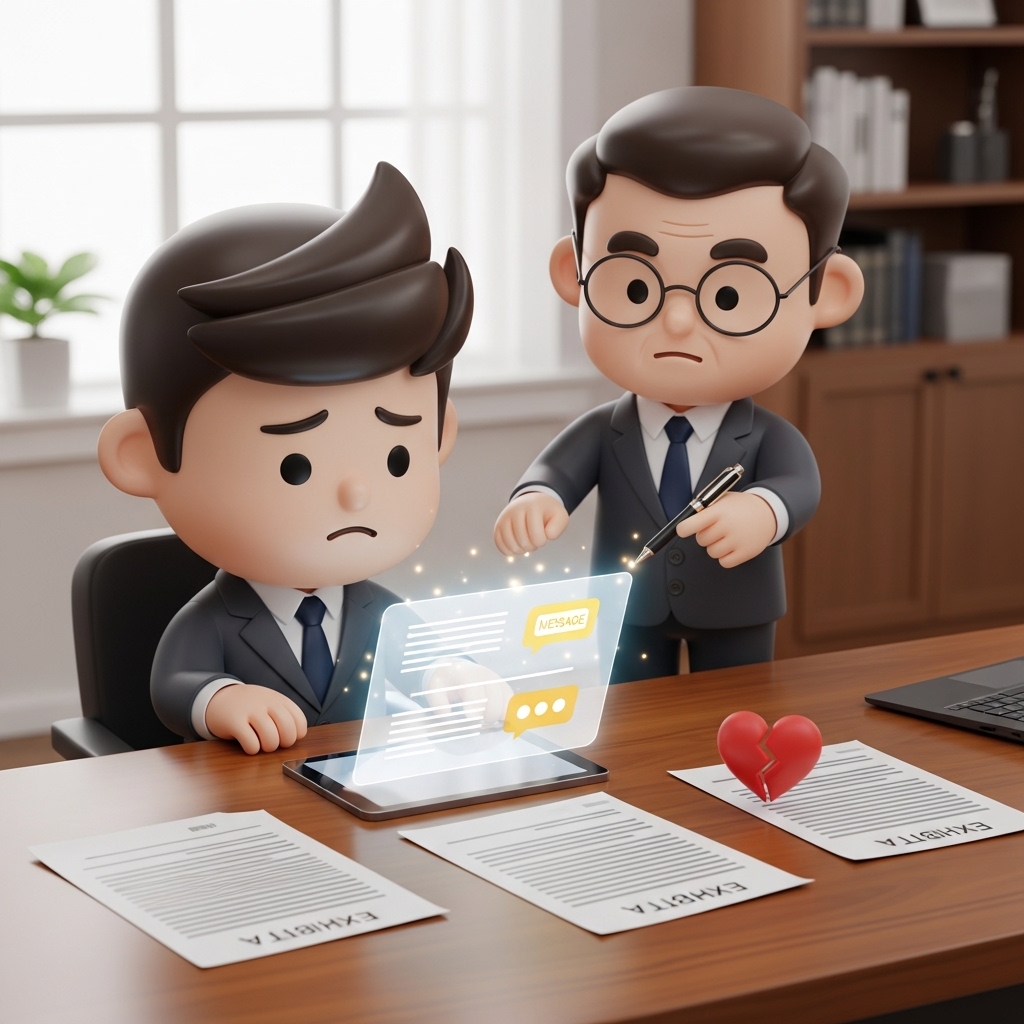 변호사와 함께 메시지 증거를 확인하는 장면