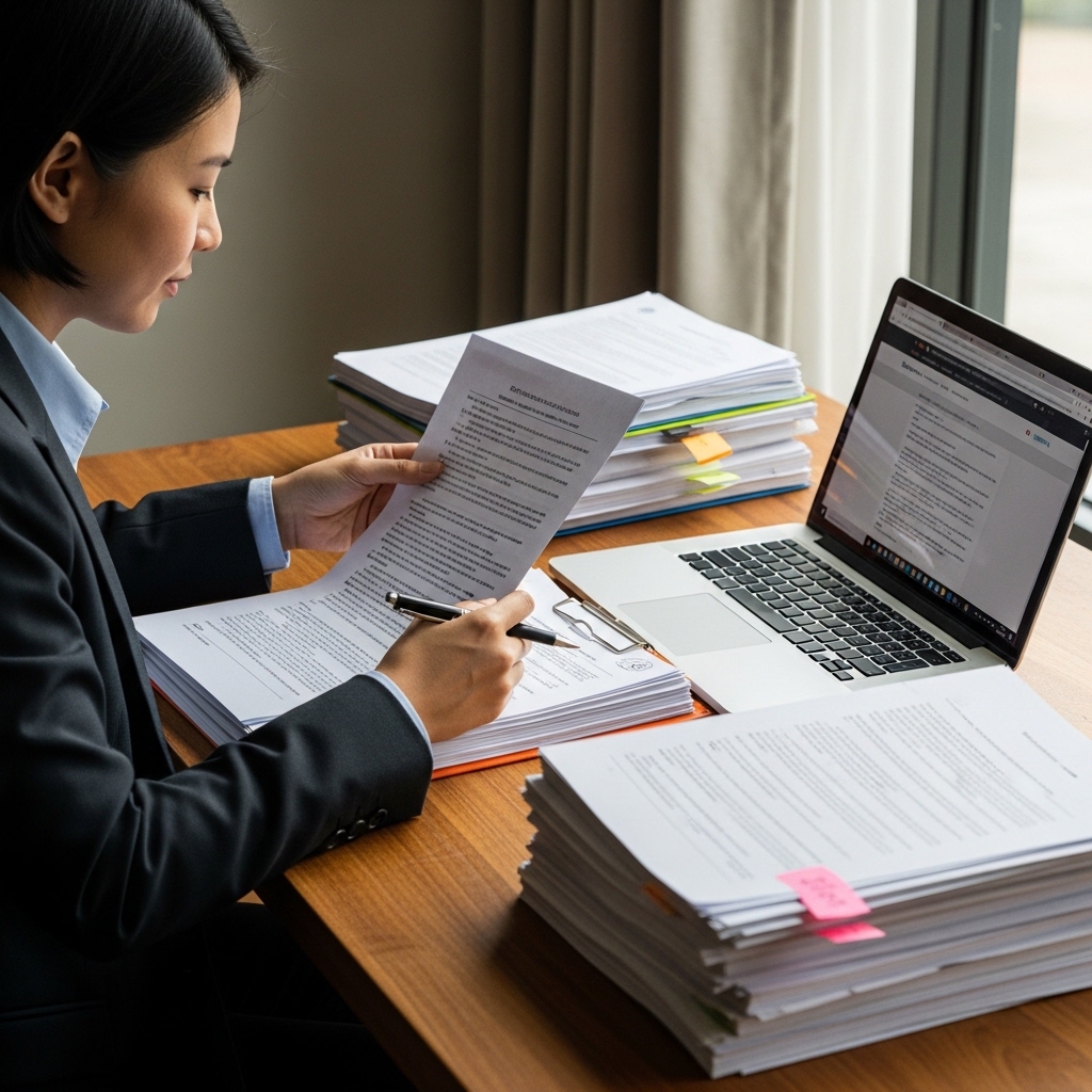회생법원 관할을 확인하기 위해 서류와 노트북을 함께 살펴보는 모습
