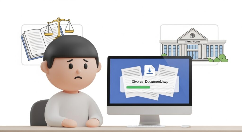 이혼 서류를 컴퓨터로 다운로드하고 있는 모습