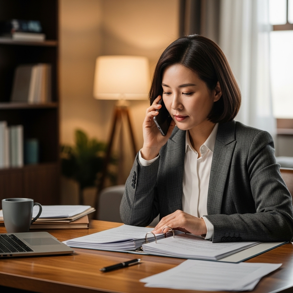 무료 법률구조공단 상담을 위해 서류를 정리하며 전화 상담을 준비하는 모습