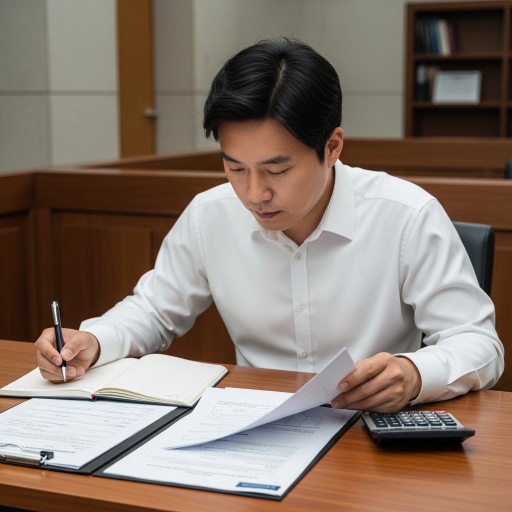 경매 배당요구 채권계산서를 작성하며 계산기를 사용해 금액을 검토하는 모습