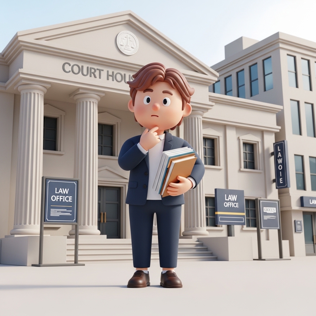 법원 앞에서 서류를 들고 변호사 상담을 고민하는 모습