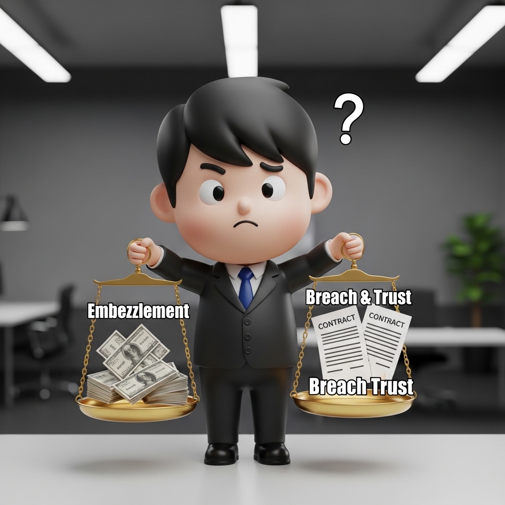 회사 사무실에서 횡령과 배임 차이를 고민하는 모습