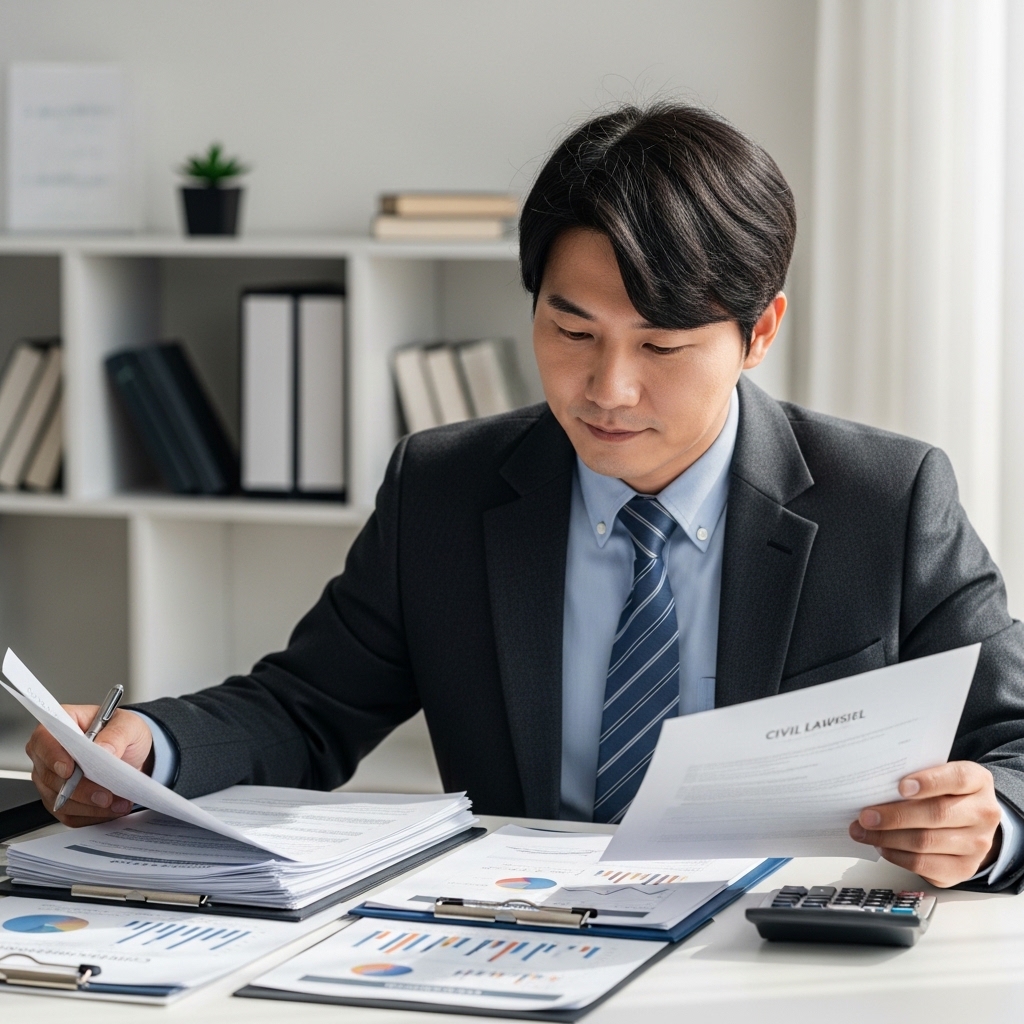 민사 소송 비용을 계산하며 소송 서류와 계산기를 함께 검토하는 모습
