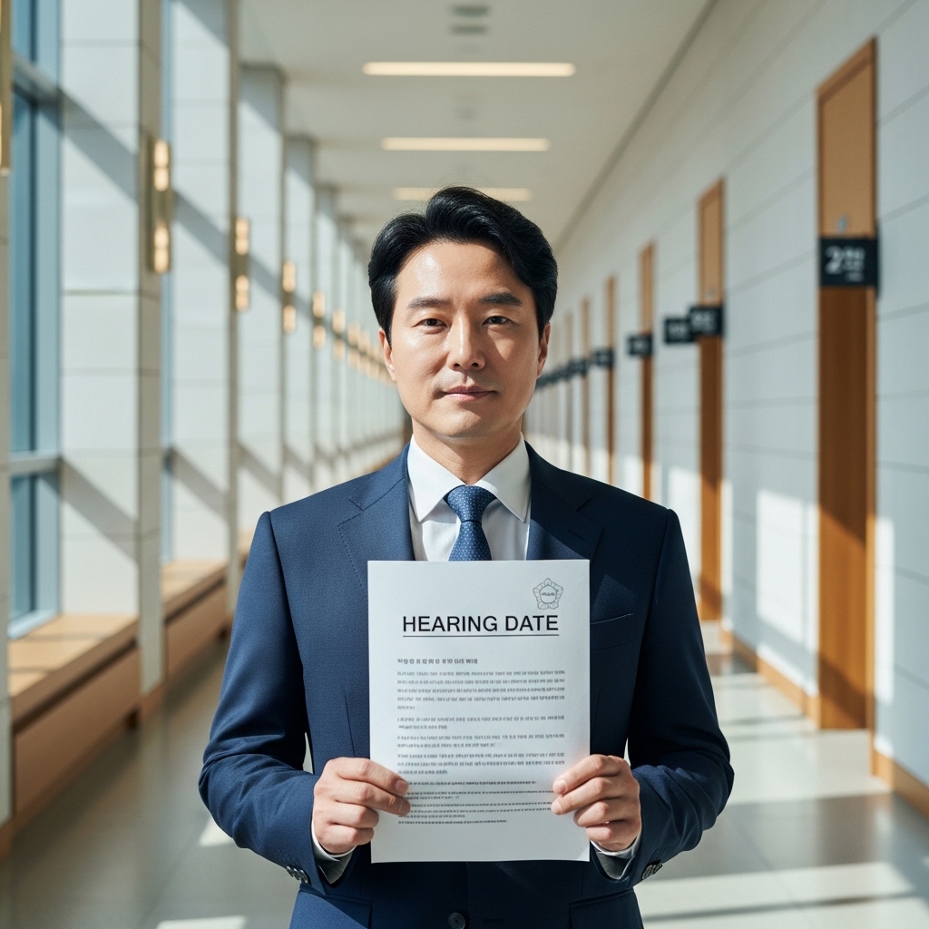 법원에서 공판 기일 통지서를 들고 재판 일정을 확인하는 모습