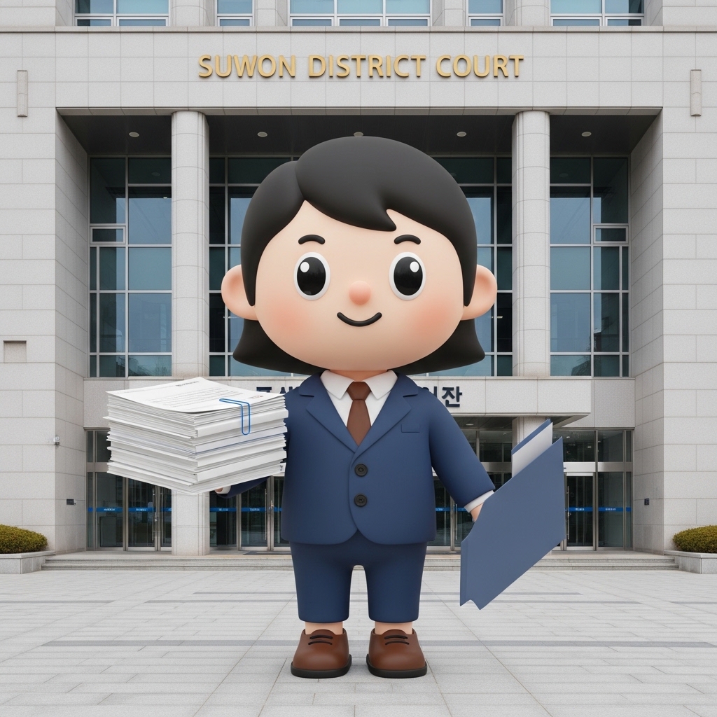 수원 법원 건물 앞에서 서류를 들고 위치를 확인하는 모습