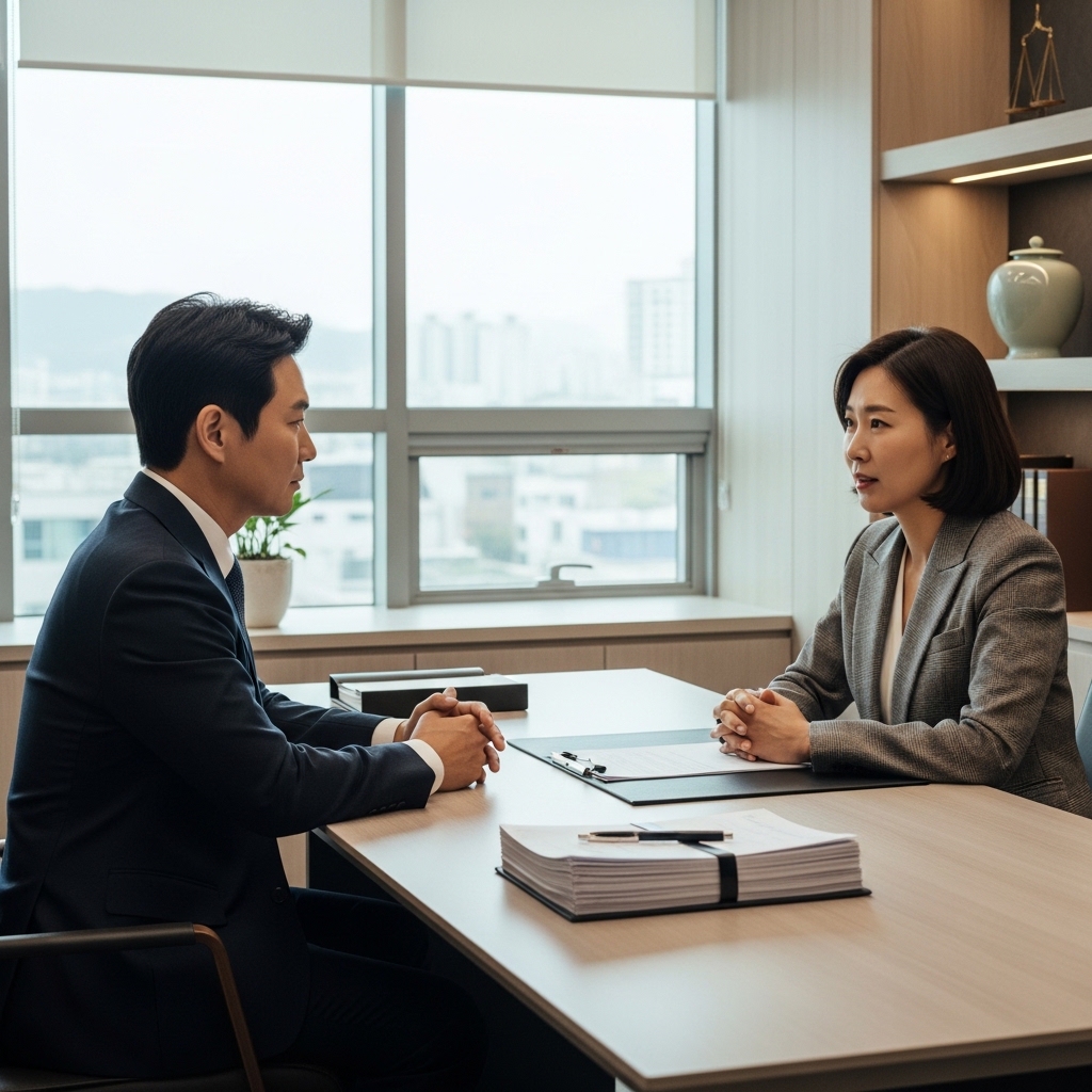 인천 이혼 전문 변호사 사무실에서 상담을 진행하며 이혼 관련 서류를 검토하는 장면
