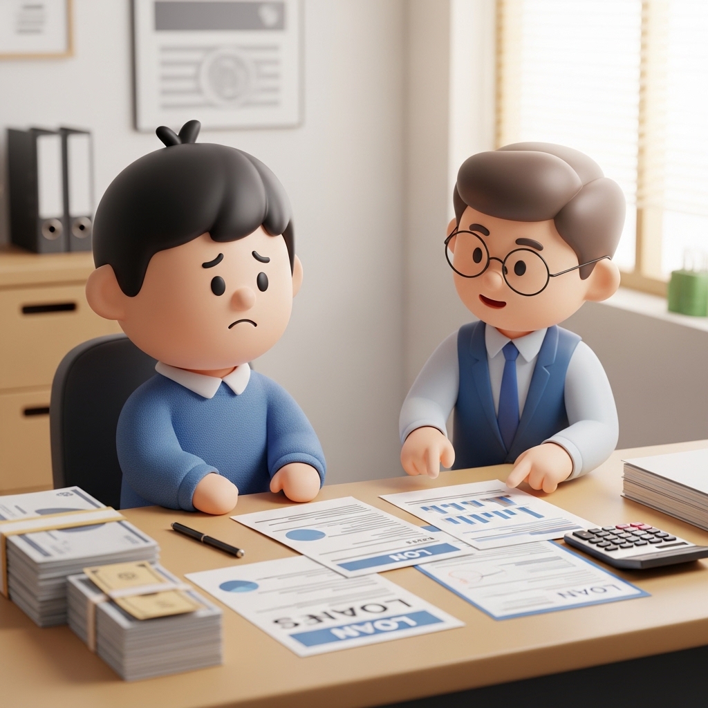 대출 서류를 보며 상담을 받고 있는 장면