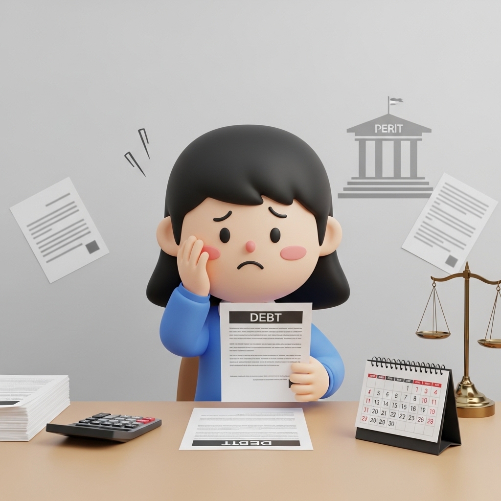 채무 서류를 검토하며 개인회생을 고민하는 모습