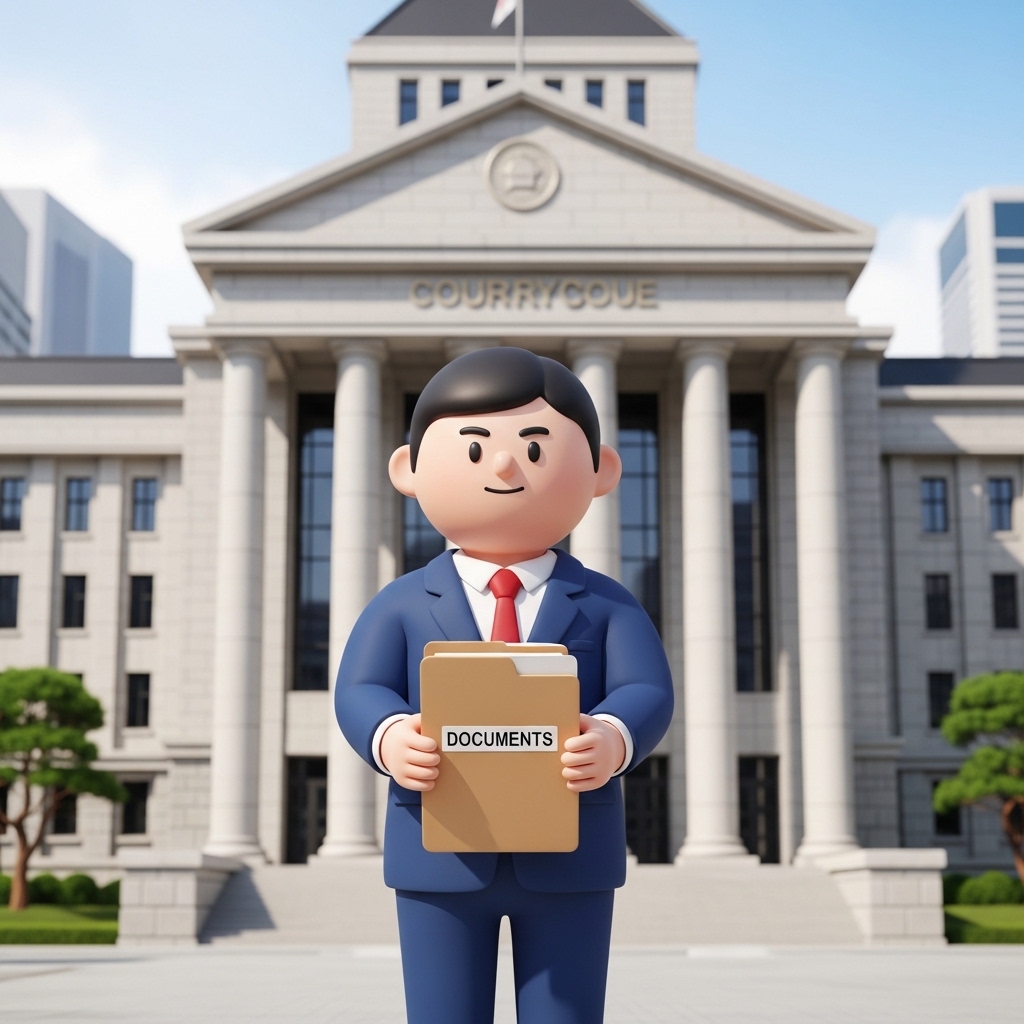 법원 건물 앞에서 서류를 들고 개인회생 절차를 준비하는 모습