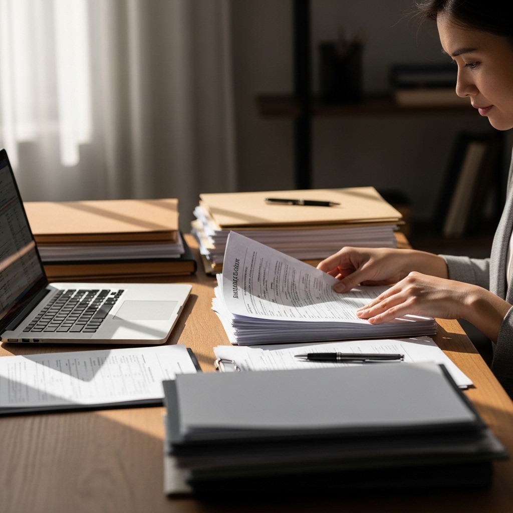 개인파산 신청을 위해 서류를 정리하며 확인하는 모습