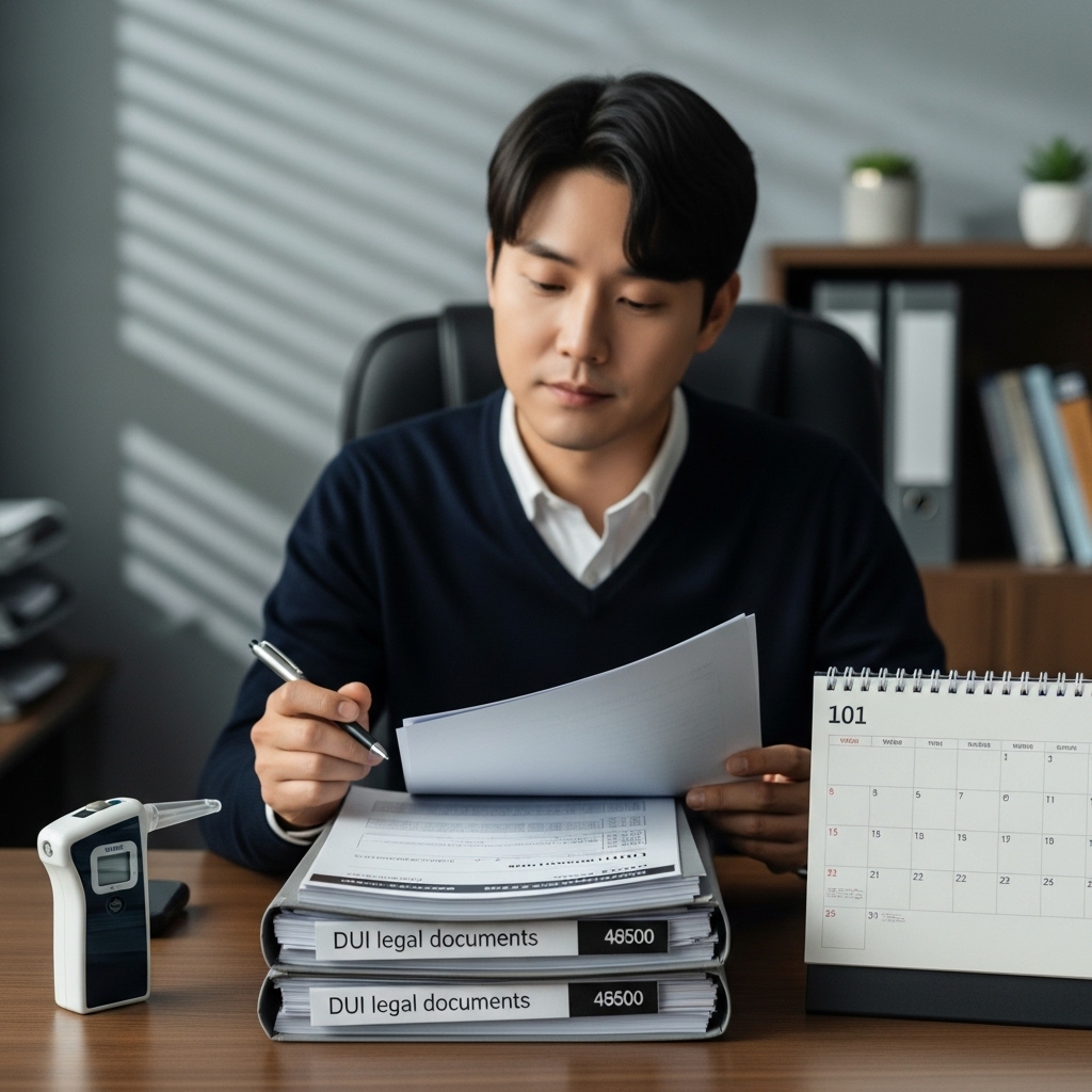 음주운전 3회 적발 상황을 정리하며 형량 관련 서류와 수치를 확인하는 모습