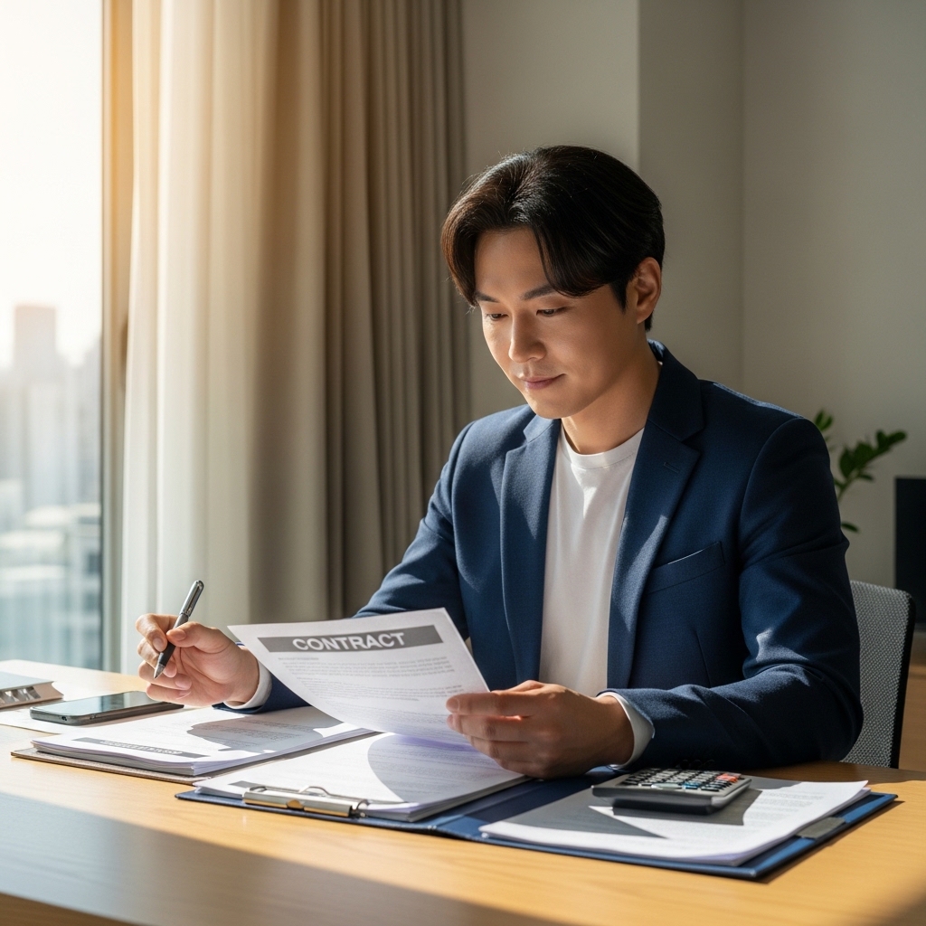 서울 전세 계약을 앞두고 전세권설정 비용을 계산하며 서류를 검토하는 모습